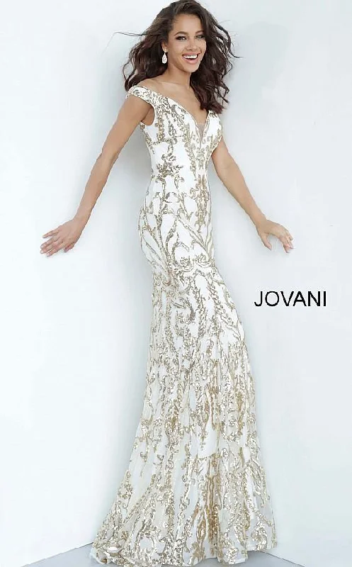 Jovani 63349 Prom Long Off Shoulder Metallic Dress