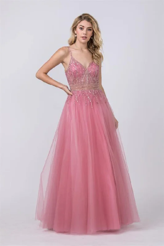 Long Formal Spaghetti Straps Beaded Prom Ball Gown