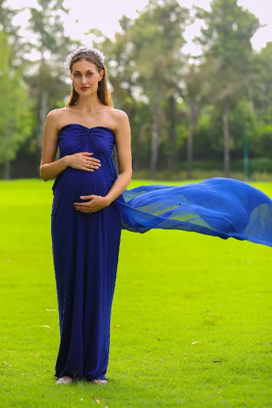 Luxe Royal Blue Off-Shoulder Trail Maternity Photoshoot Gown