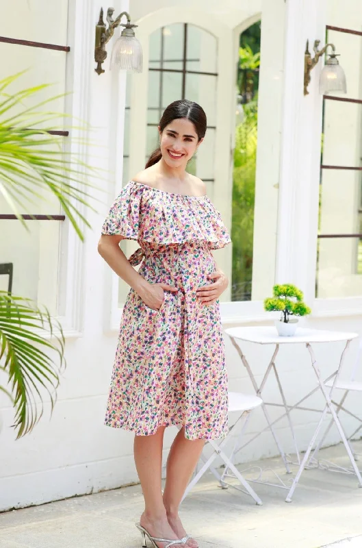 Candy Rosy Pink Off-Shoulder Maternity Frill Dress