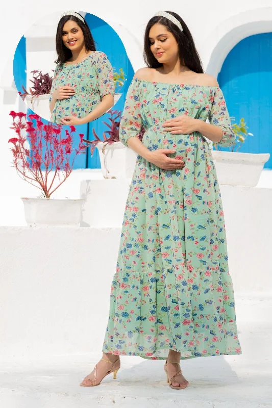 Mint Green Floral Dual Off-Shoulder Boat Neck Maternity & Nursing Maxi Dress