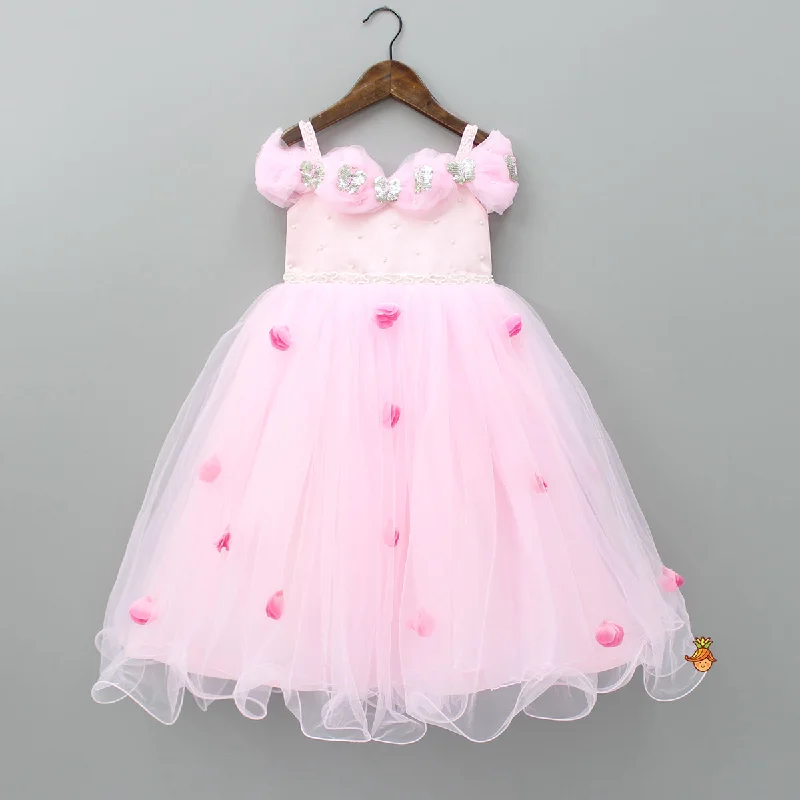 Pre Order: Butterfly And Pearls Enhanced Yoke Floral Baby Pink Gown With Detachable Drape Bow