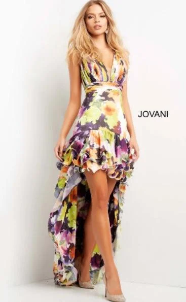 Jovani 09389 High Low Formal Floral Print Prom Gown