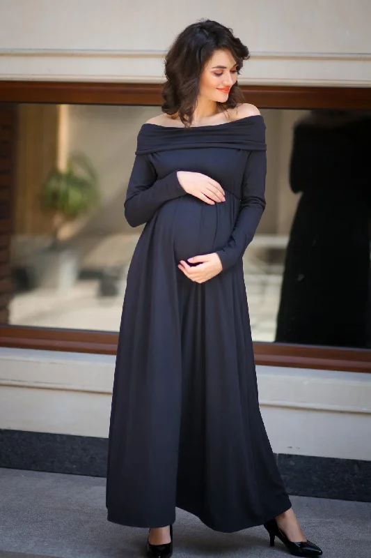 Exquisite Black Cowl Neck Off-shoulder Lycra Maternity Maxi Dress