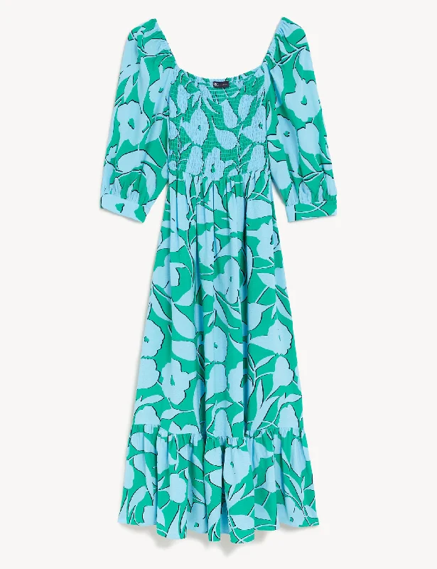 Floral Square Neck Midi Smock Dress