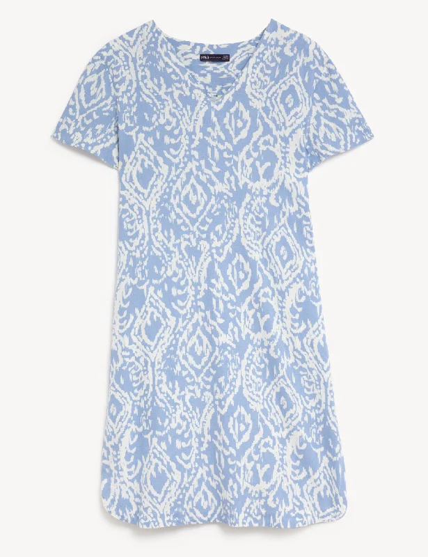 Linen Rich Printed V-Neck Midi Shift Dress