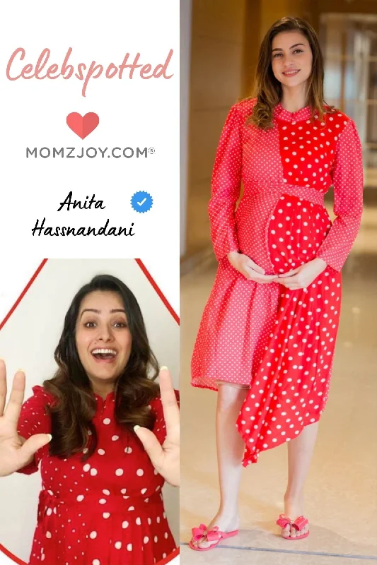 Asymmetrical Red Polka High Neck Maternity & Nursing Dress