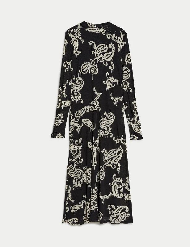 Jersey Printed Mesh Funnel Neck Midi Dress