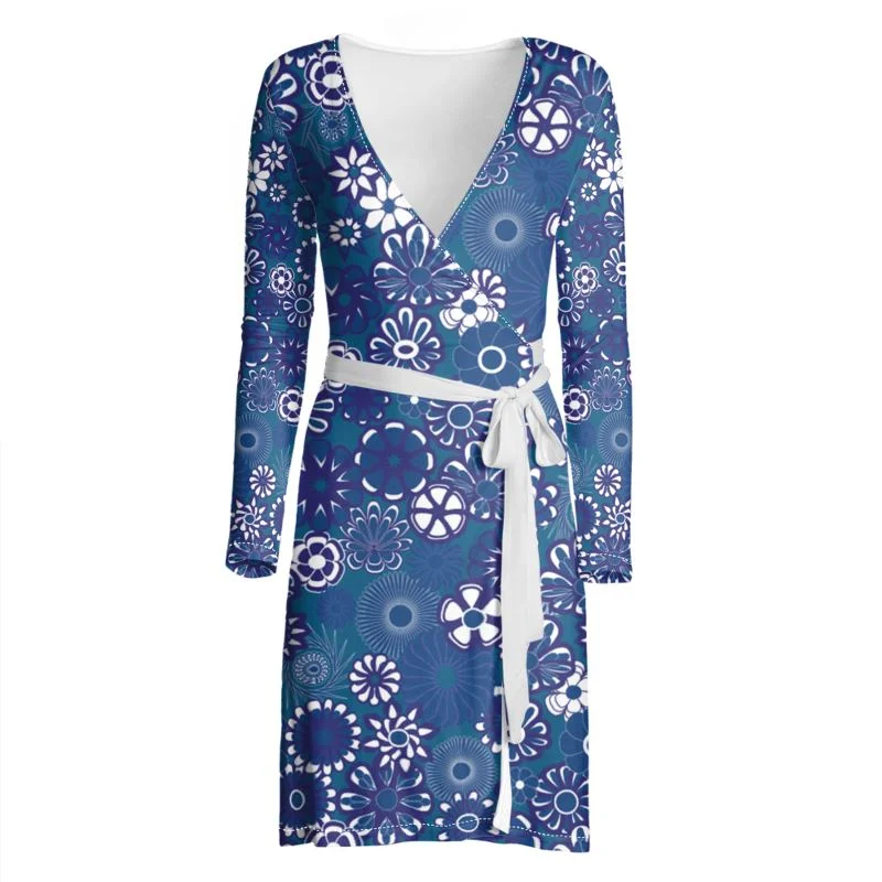 Navy & Blue Floral longsleeve wrap dress with white belt