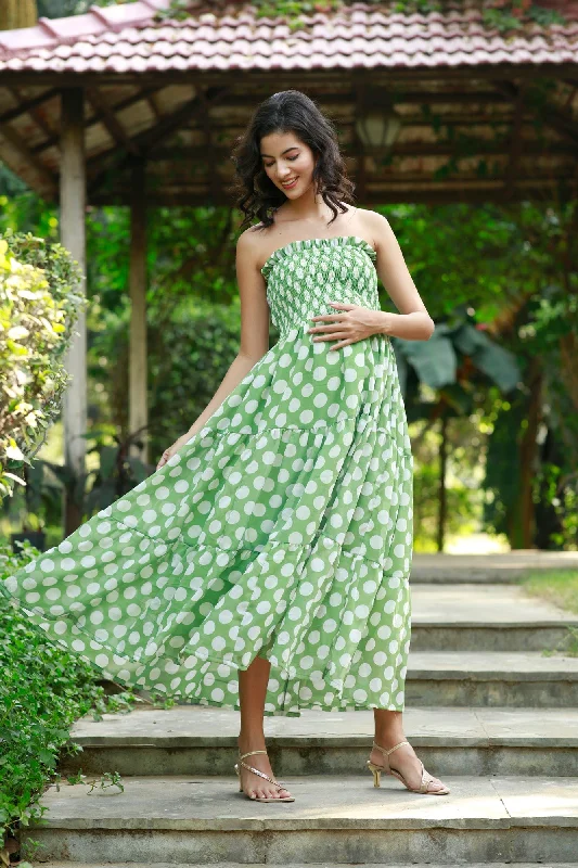 Retro Olive Green Polka Maternity Off-Shoulder Dress