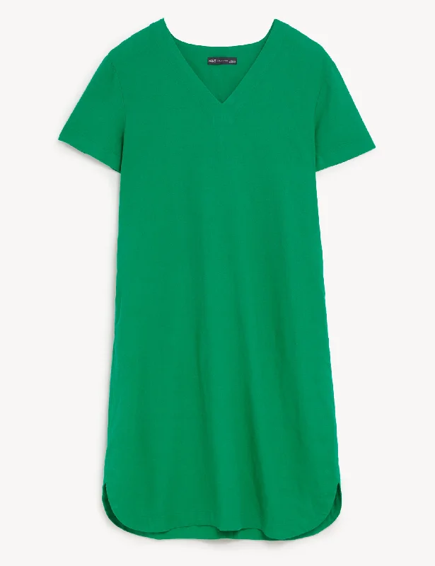 Linen Rich V-Neck Midi Shift Dress