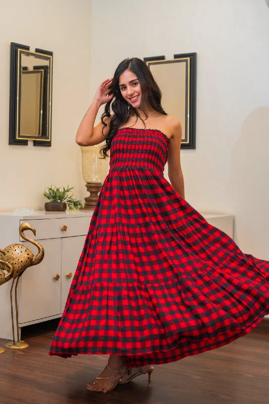 Gorgeous Red Plaid Off Shoulder Maternity Layered Dress