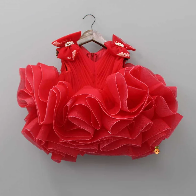 Pre Order: Bows Enhanced Ruffle Layered Red Net Dress