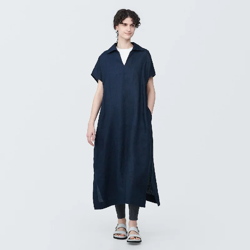 Washed Linen Polo Short Sleeve Dress