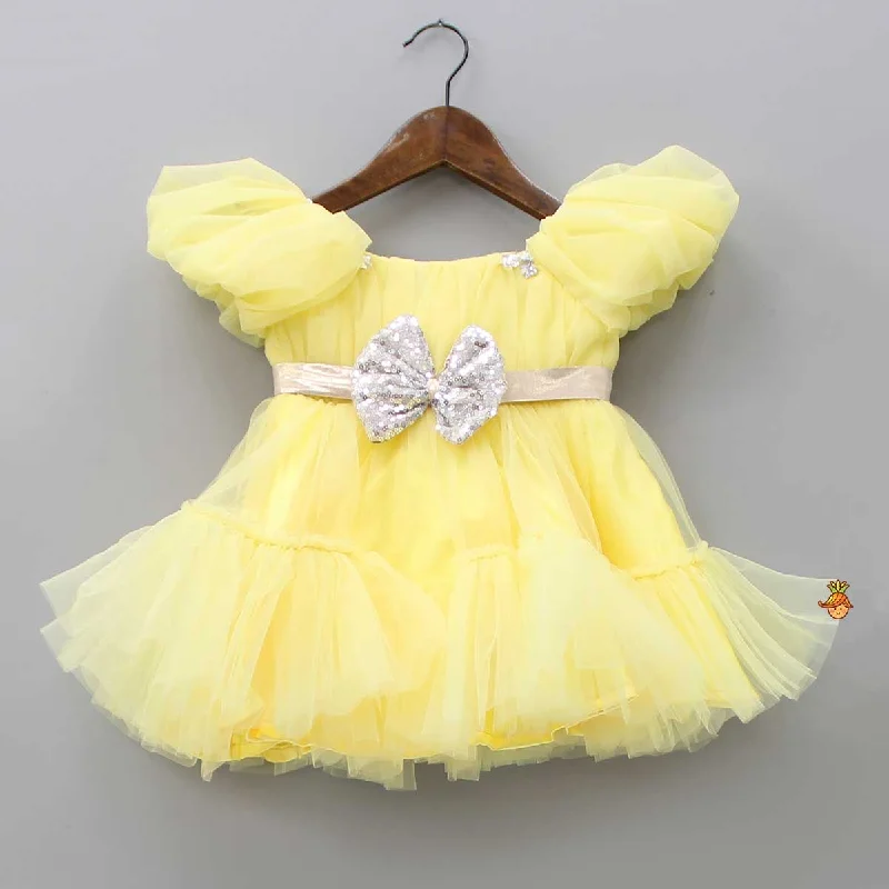 Puff Sleeves And Ruffle Hem Yellow Fancy Dress