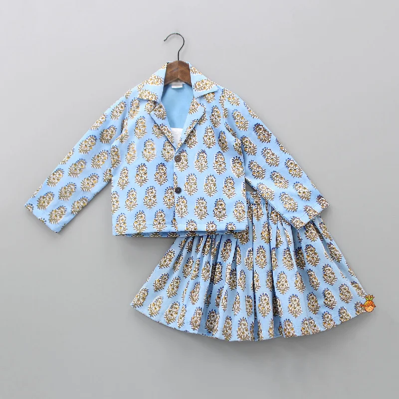 Pre Order: Crop Top With Blue Notch Collar Printed Jacket And Skirt