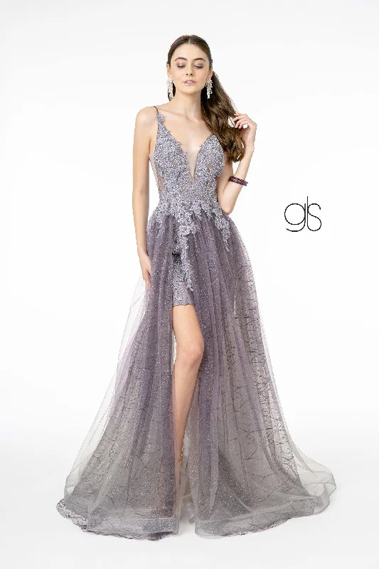 Illusion V-Neck Glitter Mesh Long Prom Dress Sale