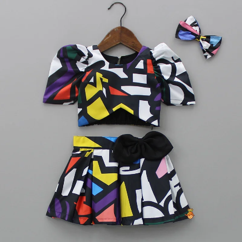 Pre Order: Geometric Printed Asymmetric Black Top And Skirt With Matching Hair Clip