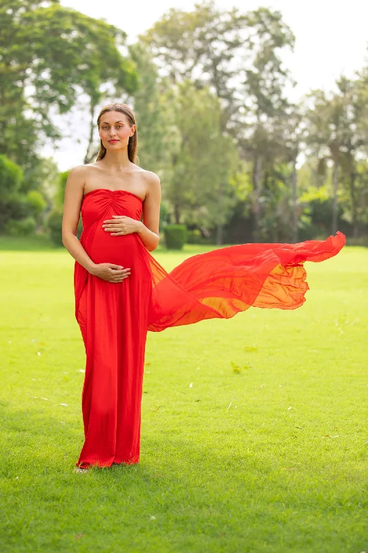 Luxe Cherry Red Off-Shoulder Trail Maternity Photoshoot Gown