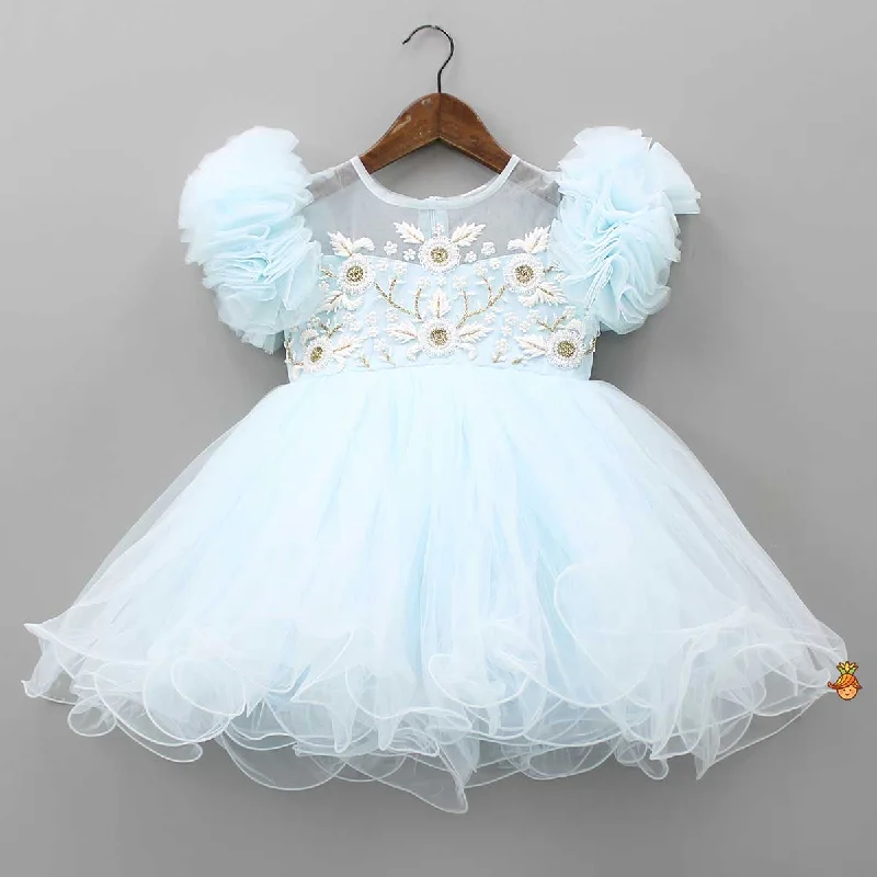 Pre Order: Cut Dana Embellished Blue Ruffled Sleeves Dress