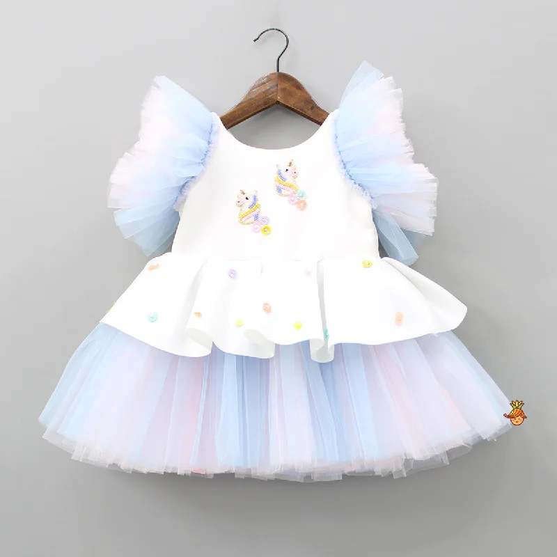 Pre Order: Unicorn Embroidered Yoke Neoprene White And Light Blue Dress