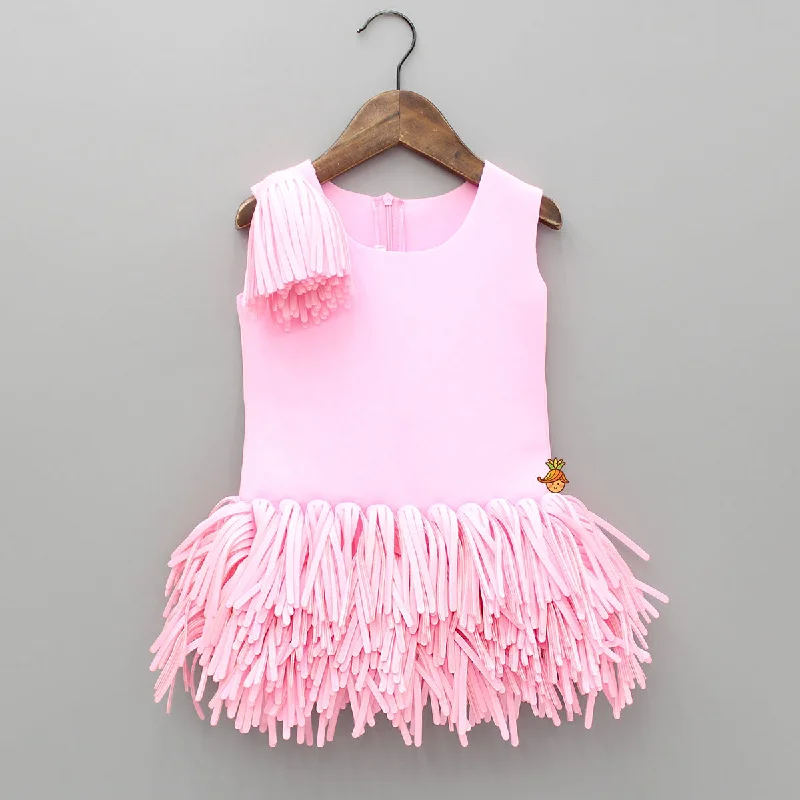 Pre Order: Pink Scuba Dress With Detachable Fringes Flower Broach