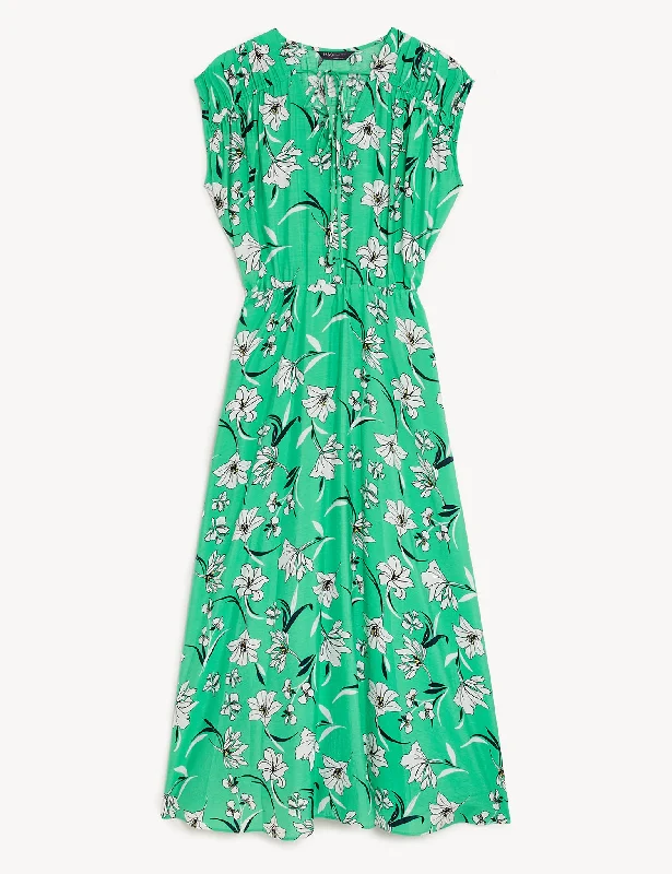 Floral Tie Neck Midaxi Waisted Dress