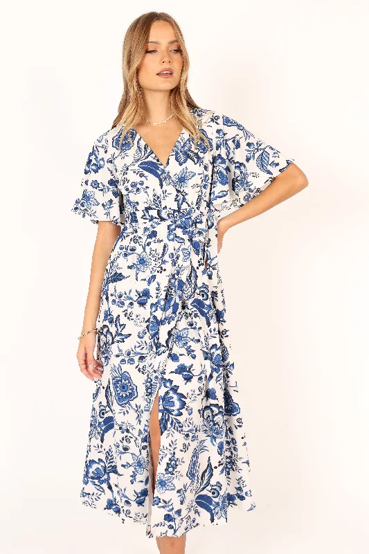 Kaleen Midi Wrap Dress - White Blue