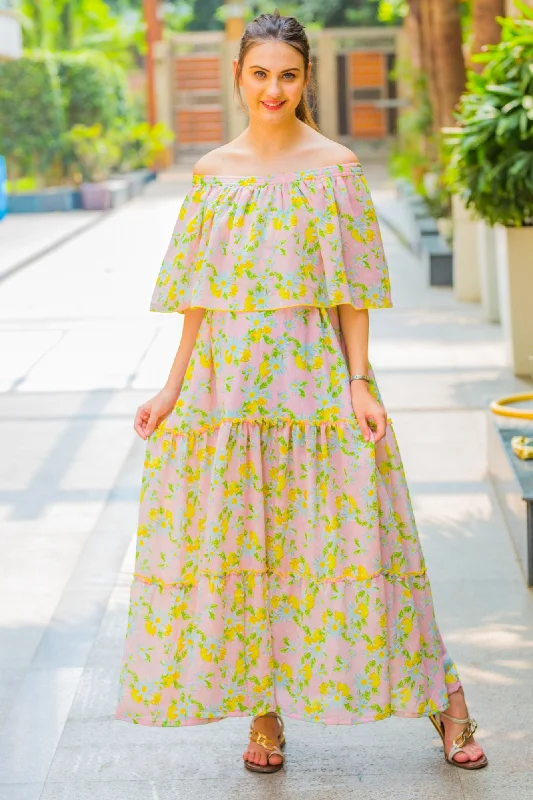 Pink Mint Off-Shoulder Maternity Maxi Dress