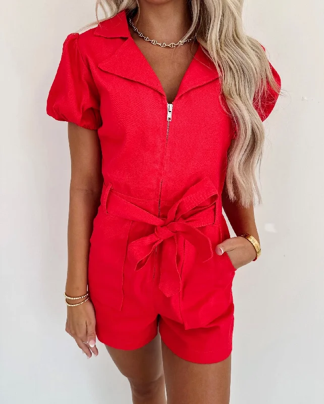 Macey Denim Romper - Red