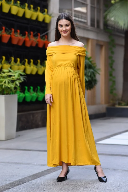 Honey Yellow Cowl Neck Off-Shoulder Maternity Maxi Dress