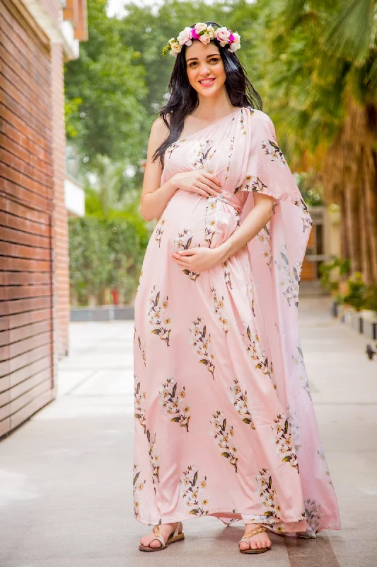 Luxe Carnation Pink One Shoulder Floral Maternity Gown