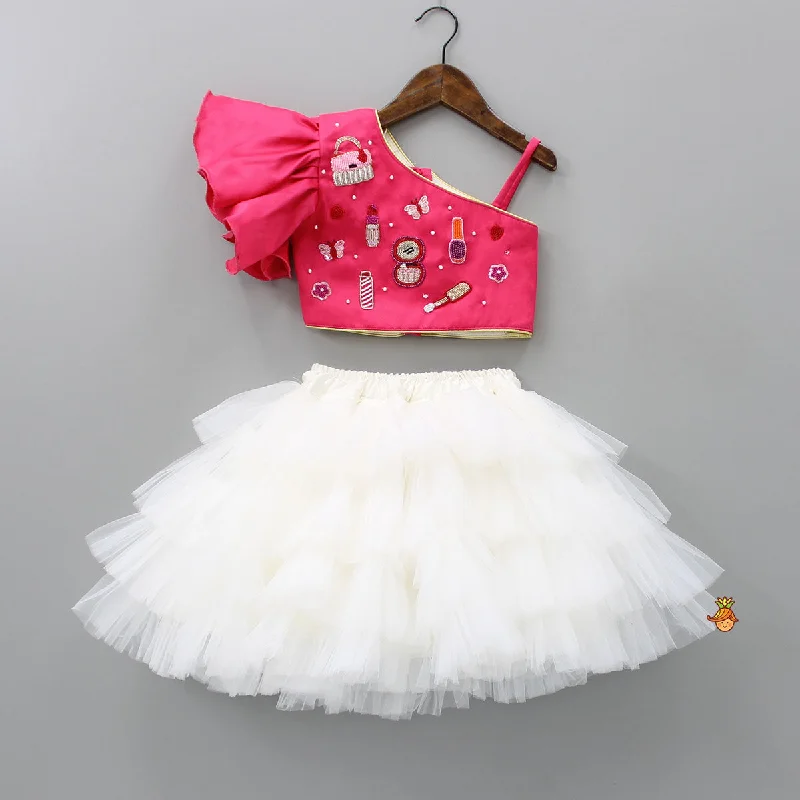 Pre Order: One Shoulder Pink Top With Flared Skirt