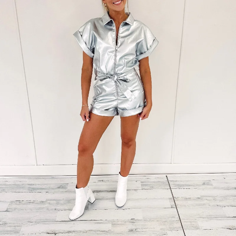 Kelsey Faux Leather Romper - Silver