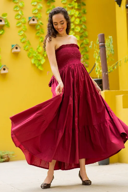 Elegant Rosewood Off Shoulder Maternity Frill Dress (100% Cotton)