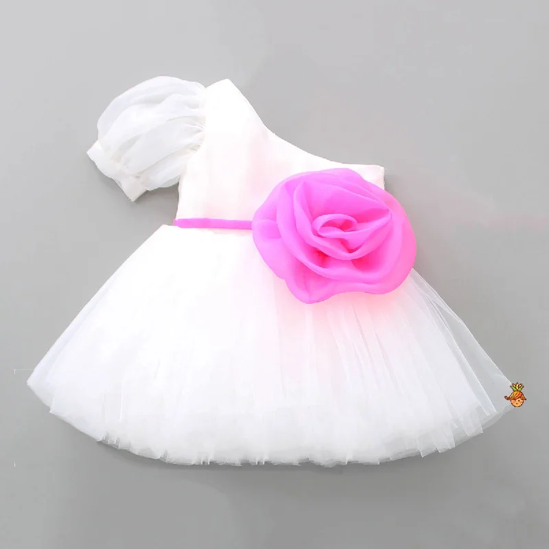 Pre Order: One Shoulder Swirled Flower Enhanced Flared White Dress