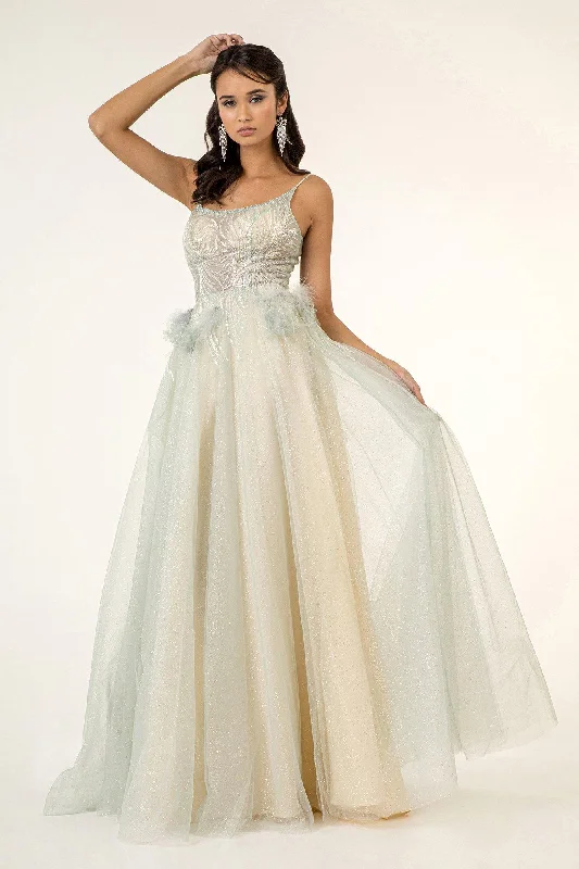 Prom Long Formal Spaghetti Strap Glitter Mesh Dress