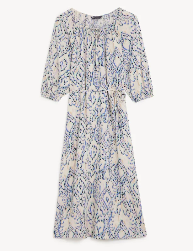 Linen Blend Printed Tie Neck Midi Dress