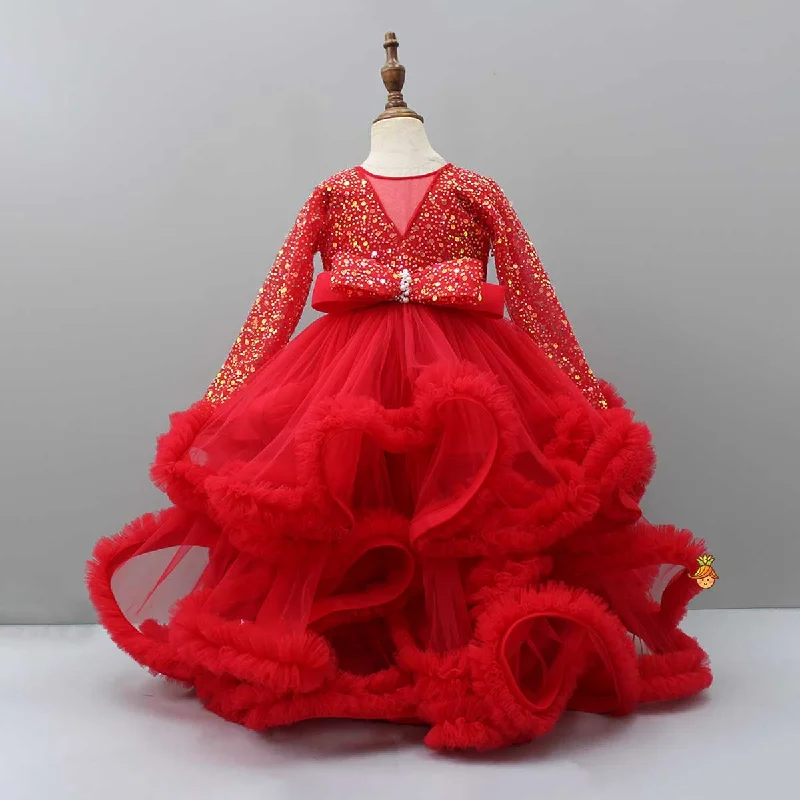 Pre Order: Sequined Red Ruffle Layered Fancy Gown