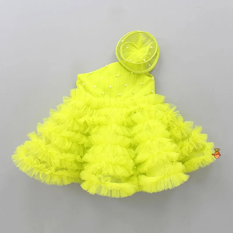 Swirl Frilled One Shoulder Lime Green Dress