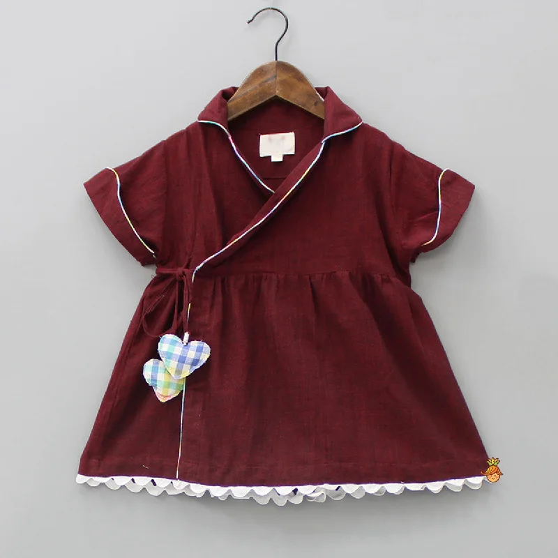 Pre Order: Notched Collar Maroon Overlap Dress