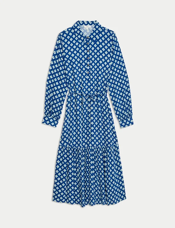 Printed Tie Waist Midi Shirt Dress