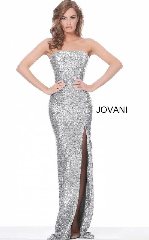 Jovani 02554 Silver Strapless High Slit Evening Dress