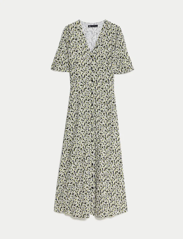 Printed V-Neck Midi Tea Dress