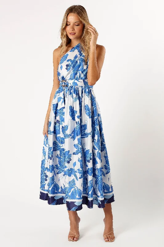 Naomi One Shoulder Midi Dress - Blue Floral