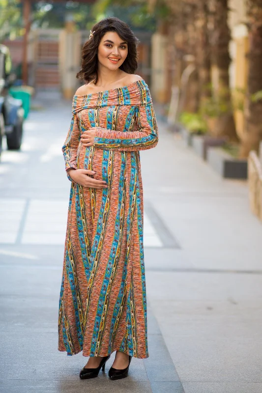 Printed Cowl Neck Off-shoulder Lycra Maternity Maxi Dress