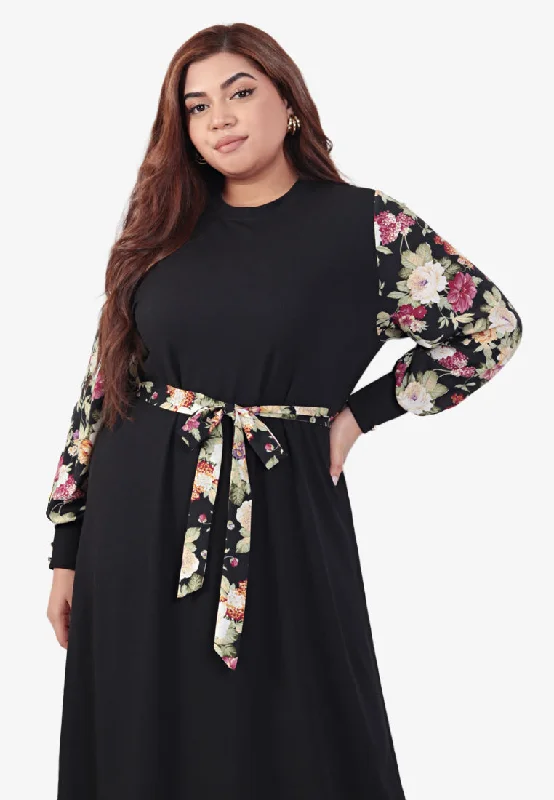 Rania Raya Printed Sleeves Ribbed Long Dress - Floral