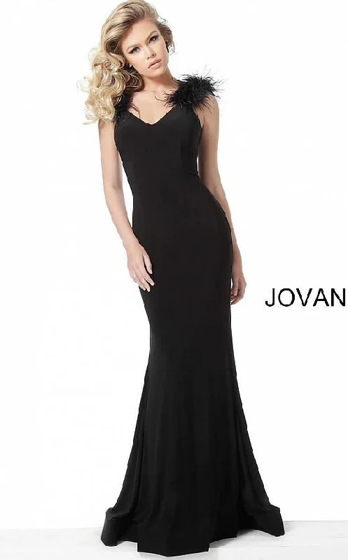 Jovani 68596 Long Feather Shoulders Evening Gown