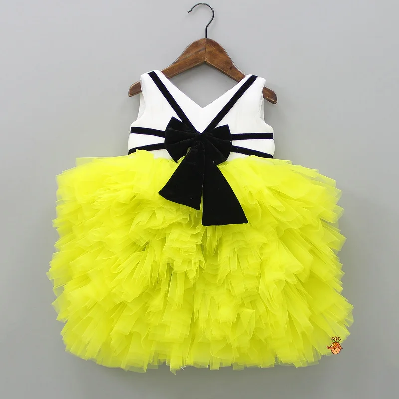 Pin Tuck Detailed Ruffle Frilly White And Lime Green Party Dress