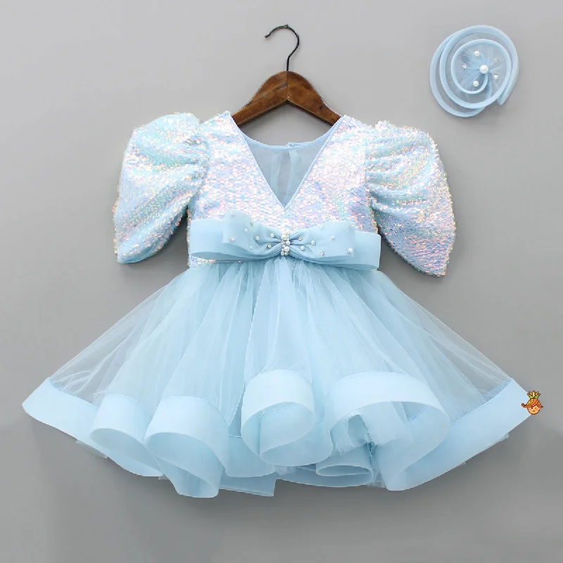 Pre Order: Sequins Beautified Flared Blue Dress With Swirled Hair Clip